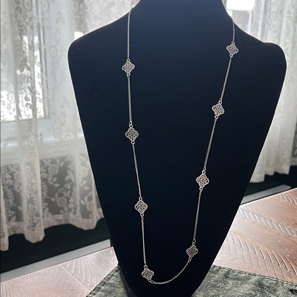 Vintage Liz Claiborne Filigree Chain Necklace | Long Minimalist Silver Tone